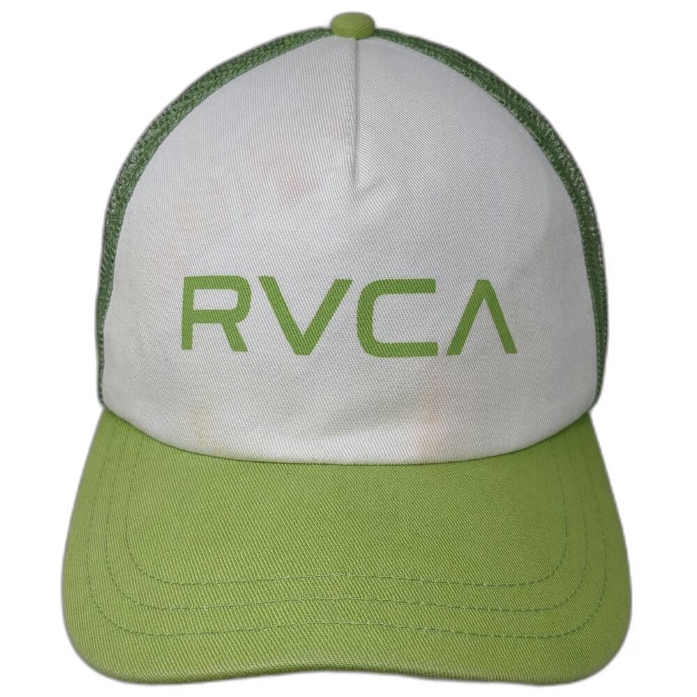 RVCA Trucker Hat Green White One Size Mesh Snapback Printed Logo Cotton Front